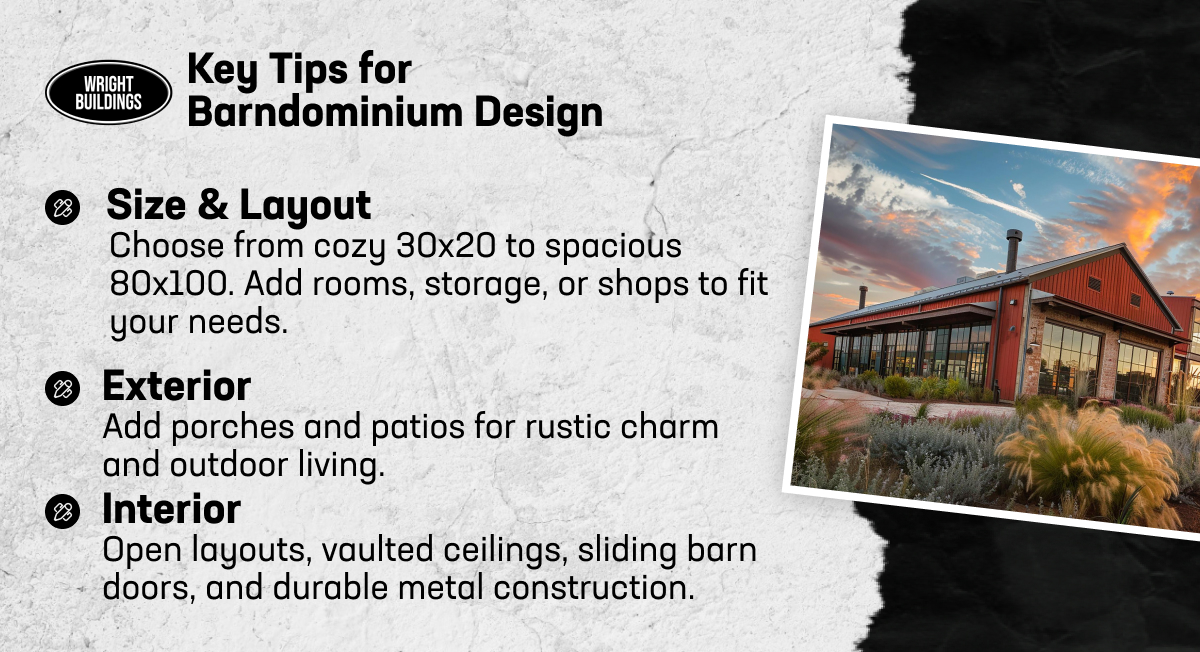 Tips for barndominium design focusing on size, layout, exterior features, and interior customization